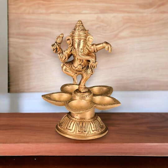 Dancing Ganesha Brass Finish Diya Deepam Vilakku Samai Oil Lamp with Base Home Pooja Room Diwali Decorations Mandir Temple Ganesha Akhand Diya Hindu Puja Religious Deepawali Return Gift Michaels